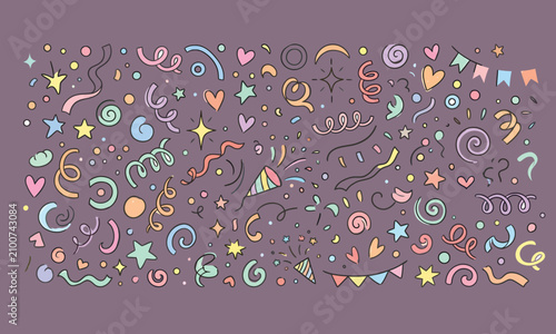 Collection of Hand-Drawn Doodle Style Party and Celebration Elements on Light Blue Background