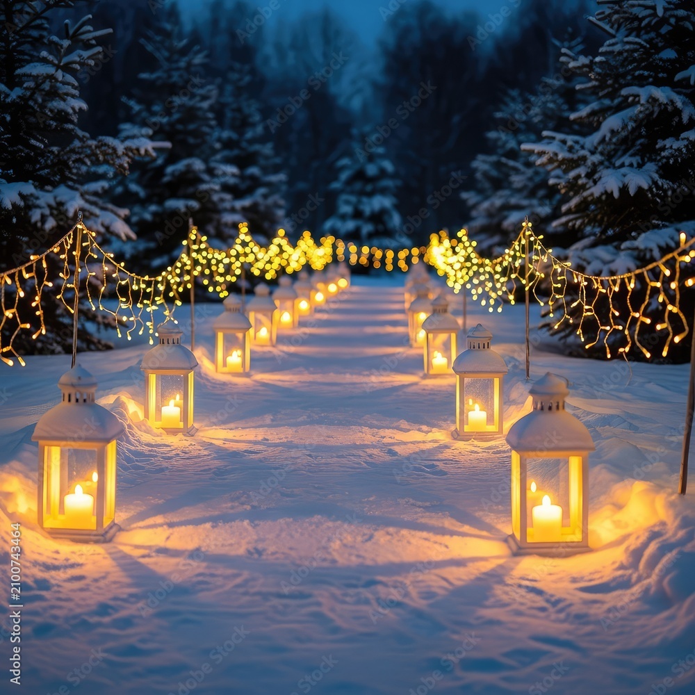 Obraz premium A row of snow-covered lanterns casts a warm golden glow along a serene winter path, enhanced by twinkling lights and a cozy holiday mood, landscape, holiday, bright