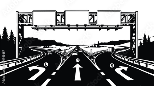 Black and white vector illustration showing a three way highway junction with empty directional signs