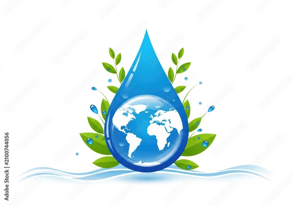 Fototapeta premium Earth globe inside a water droplet with leaves and water splashes