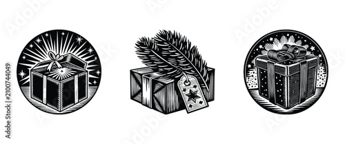 Linocut style vector illustration set of Christmas gifts with stars, pine branches, and ribbons. Retro holiday design elements in black and white block print.