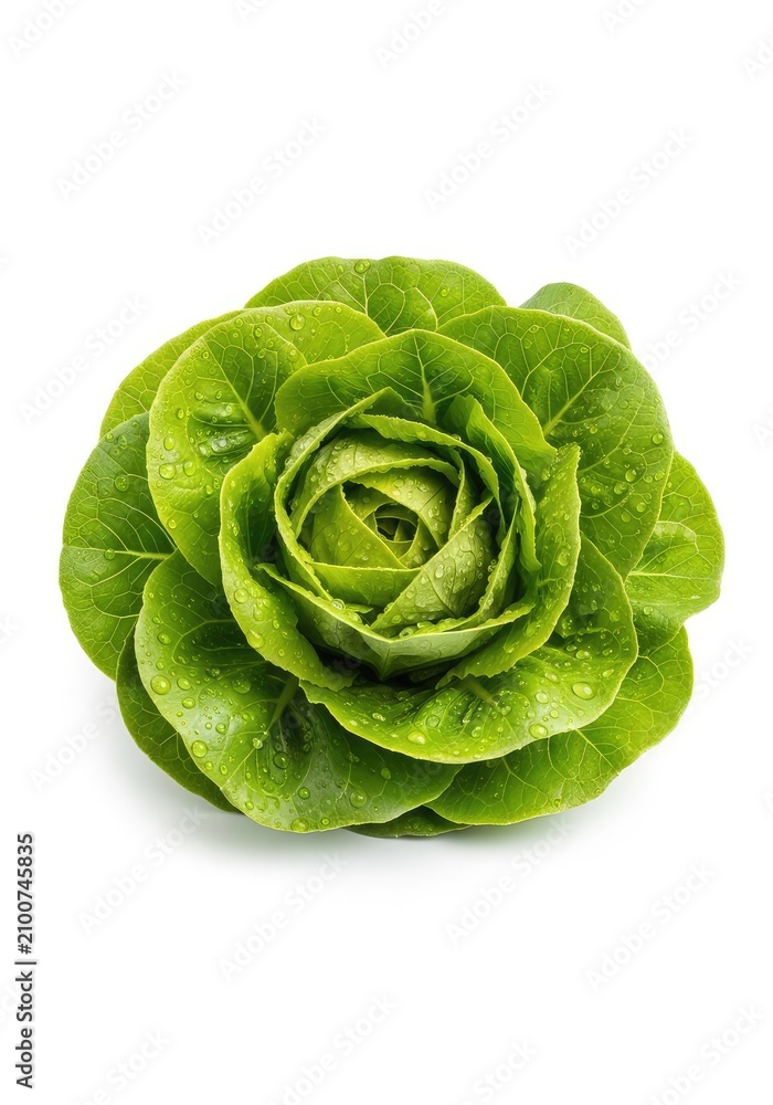 Fototapeta premium Vibrant green head of fresh lettuce with crisp, ruffled leaves and water droplets, isolated on a white background for food photography, cooking, isolated, gourmet