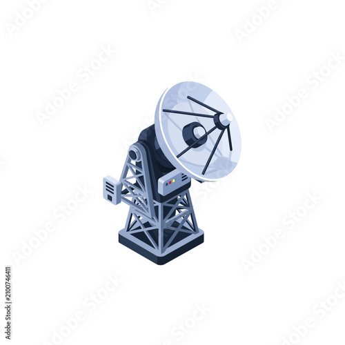 Large satellite dish antenna on metal support structure.