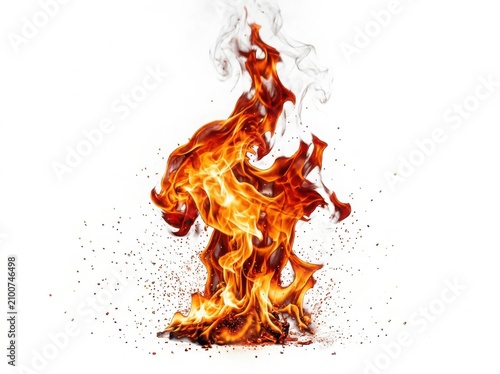 Bright orange fire flame burning with sparks and smoke isolated on white background