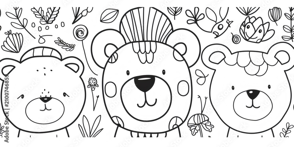 Fototapeta premium Cute cartoon bears in forest coloring page for kids