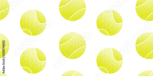 Seamless pattern of tennis balls. Balls with raster effect, set at different angles. Simple flat sports symbols with pixel texture for tennis app design.