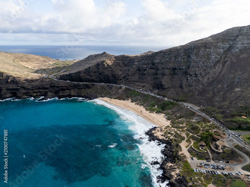 Aerial view of a secluded cove along the Makapuu coastline, Oahu