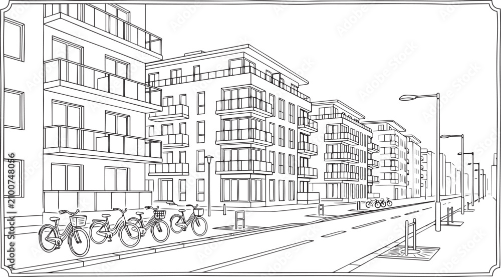 Obraz premium City landscape. Line urban backdrop, different buildings on street, doodle street draw, outline cityscape hand sketch, flat houses. Hand drawn vector illustration