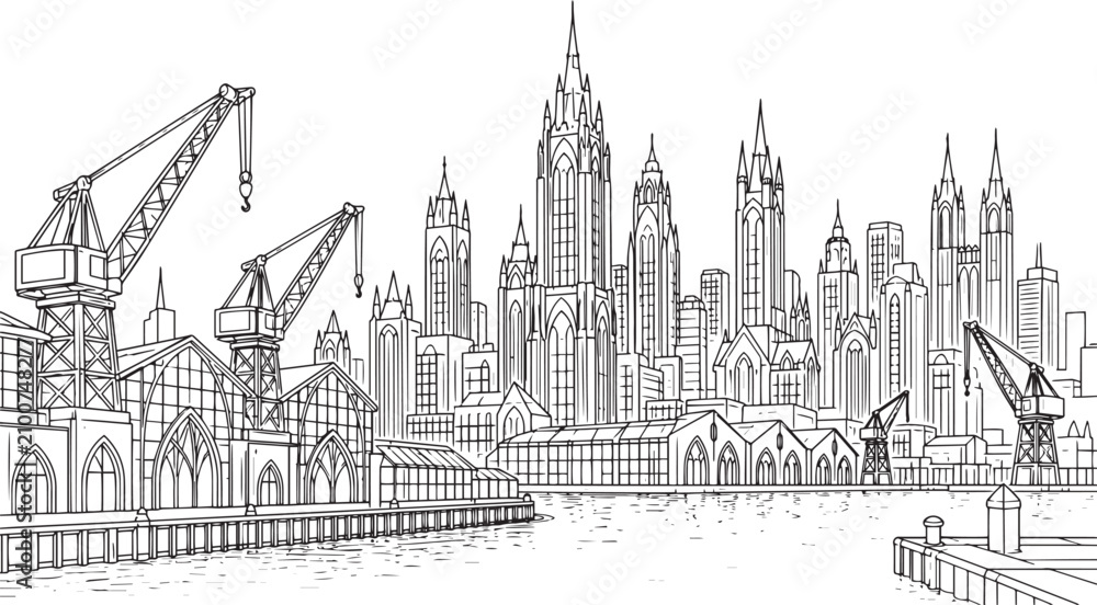 Obraz premium City landscape. Line urban backdrop, different buildings on street, doodle street draw, outline cityscape hand sketch, flat houses. Hand drawn vector illustration