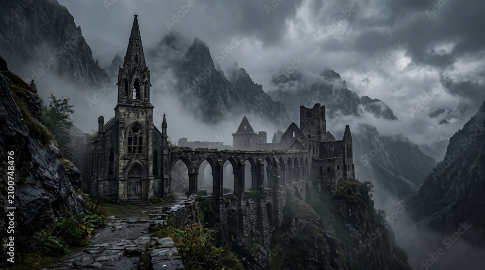 Obraz premium Haunted Ancient Monastery Hidden in Foggy Mountains with Abandoned Chapel