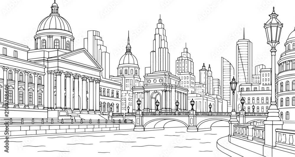 Fototapeta premium City landscape. Line urban backdrop, different buildings on street, doodle street draw, outline cityscape hand sketch, flat houses. Hand drawn vector illustration