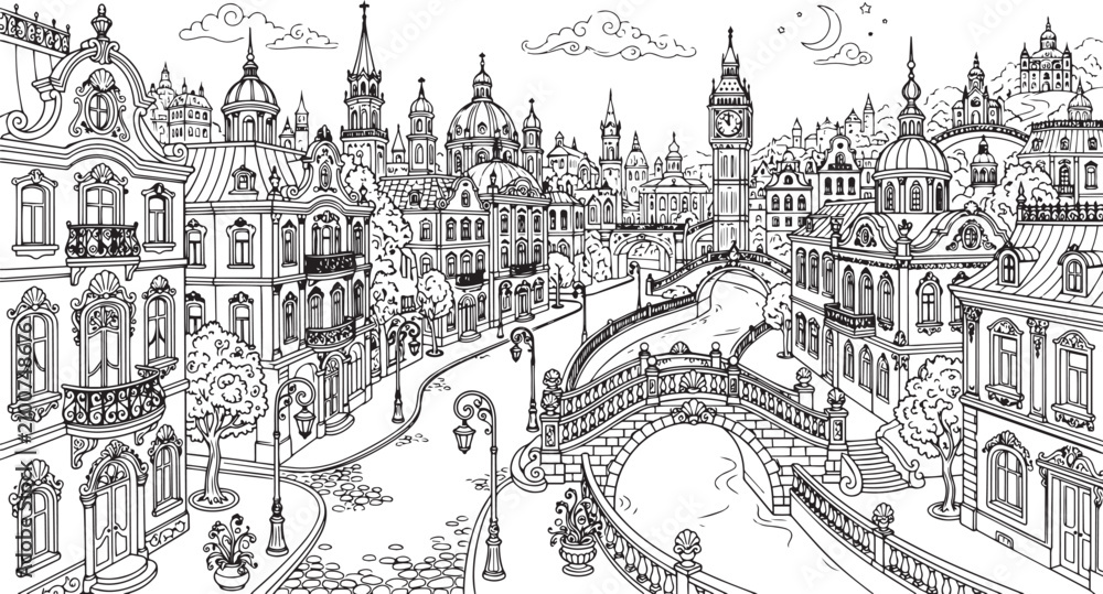 Obraz premium City landscape. Line urban backdrop, different buildings on street, doodle street draw, outline cityscape hand sketch, flat houses. Hand drawn vector illustration