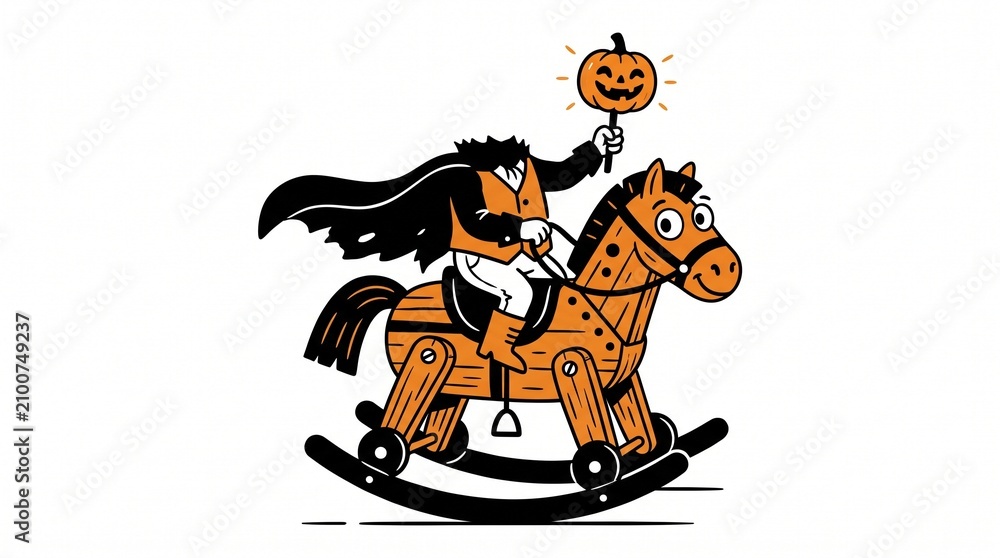 Obraz premium Headless Horseman Riding a Rocking Horse Holding a Jack O Lantern Stick for Halloween Celebration