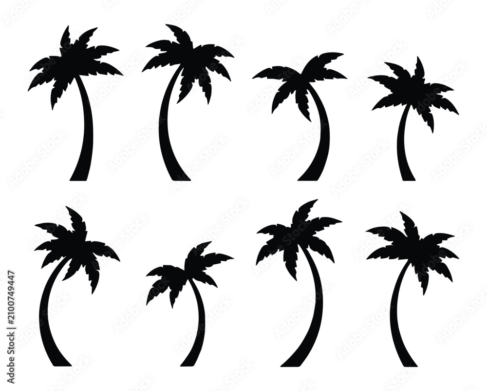 Fototapeta premium Eight black palm tree silhouettes on white background in two rows