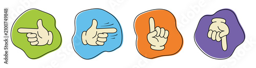 Set of cartoon hand gestures pointing in different directions, vector illustration of fingers indicating left, right, up, and down on colorful abstract backgrounds