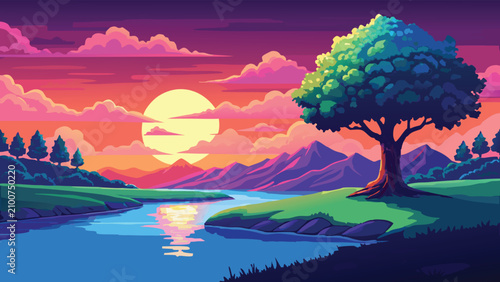 Photos Vibrant pixel art landscape with a solitary tree beside a tranquil river during