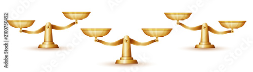 Scales balance, weight measure comparison, gold libra weigh, bowls in equilibrium, imbalance. Justice law judgement, legal fairness, equality. Vintage mass measurement tool for business trade. Vector