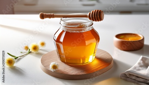 Madu Murni Dalam Botol Kaca Dengan Sendok Kayu Di Atas Meja Dapur Cerah