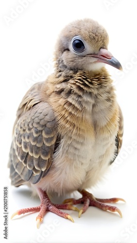 Baby dove perched on white background. Young fledgling bird isolated for wildlife design projects.