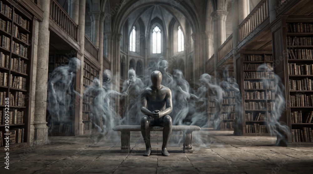 Obraz premium Stone mannequin sitting on a bench in a gothic library surrounded by ghostly smoke figures representing depression, schizophrenia, anxiety, and mental health struggles.