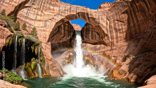 Epic waterfall cascading into a natural pool inside a sandstone arch with vibrant rainbow and crystal clear water