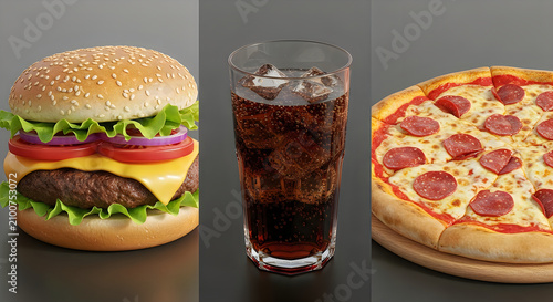 Tasty beef cheeseburger glass of cola and delicious pepperoni pizza