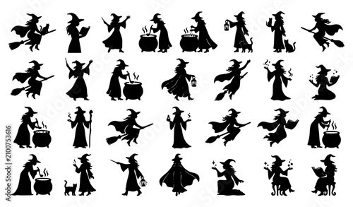 Cuadro en lienzo Witch Silhouette Vector Collection Halloween Black Shadow Design Isolated on Whi