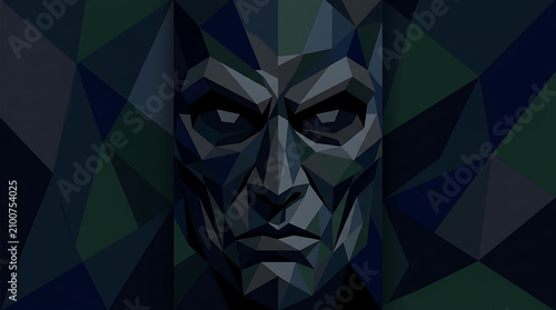 Abstract Low Poly Geometric Male Face Portrait in Dark Blue and Green Tones