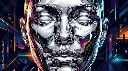 Futuristic Metallic Chrome Android Face with Neon Lights in a Cyberpunk Digital Cityscape