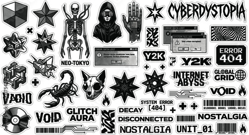  Cyberpunk dystopian sticker set with glitch skulls error popups stars and abstract retro geometric elements vector illustration