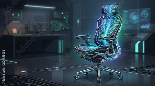 High-Tech Futuristic Gaming Chair with Neon Blue Lighting in a Sci-Fi Digital Workstation Environment