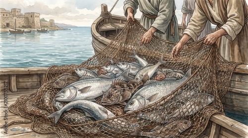Fishermen pulling a net full of diverse fish onto a boat. Watercolor illustration of the biblical parable of the dragnet