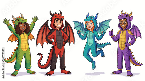Children dressed in colorful dragon onesies with dress
