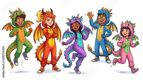 Group of happy children in dragon costumes with dress