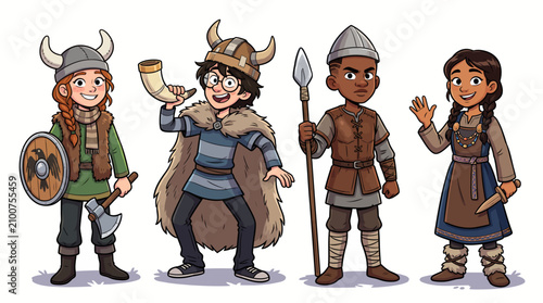 Illustration of diverse children wearing viking costumes