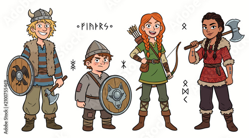 Young vikings illustration with runes and weapons