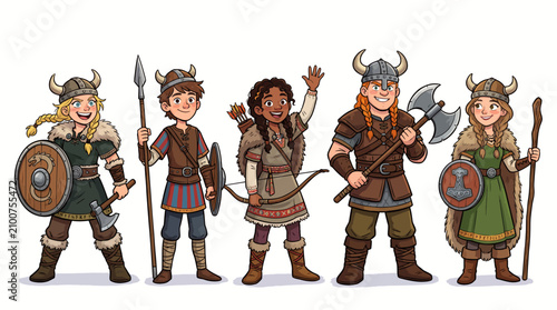 Cartoon group of friends dressed as medieval vikings