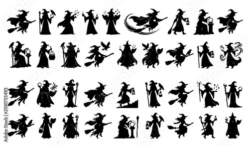 Tableau sur toile Halloween Witch Silhouette Vector Illustration Set