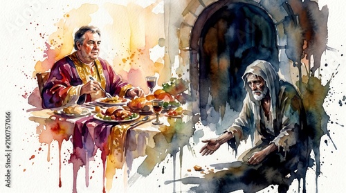Rich man feasting while poor Lazarus begs for crumbs. Biblical parable theme. Watercolor illustration of social inequality