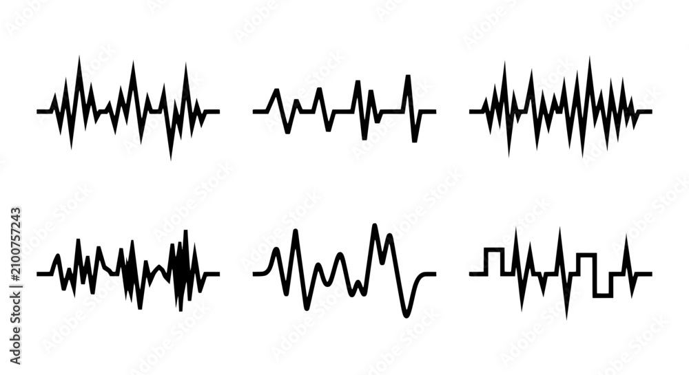 Obraz premium Sound Waveforms, Audio Signals, Music Beats, Rhythm Patterns, Vector Graphics Set