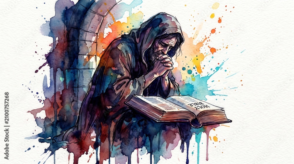 Obraz premium Hooded man kneeling in prayer over an open Holy Bible. Devout christian praying with folded hands. Biblical faith concept