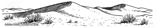 Foto Desert dunes landscape with dry plants and mountains in sketch style