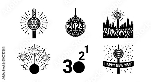New Year's Eve Celebration Icons: Times Square Ball Drop, Fireworks, 2024 Countdown, Cityscape