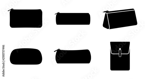 Fotografie Black Pencil Cases, Pouches, and Bags Collection Vector Icons, Stationery Storag