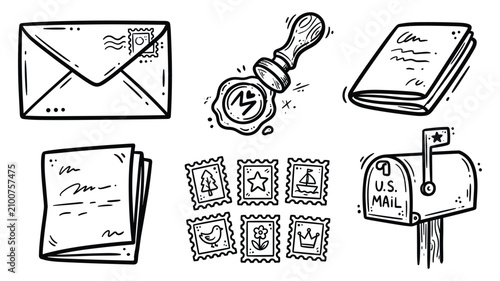 Snail Mail and Vintage Postal Doodle Style Set with Paper Envelope Ink Wax Stamper Passport Notebook Postage Stamps Bundle and U.S. Mailbox Icons