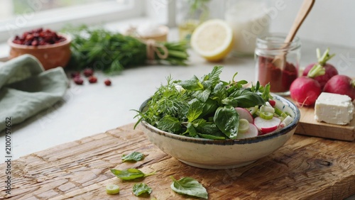 The national dish of the Iranian cuisine. 
Sabzi Khordan is an obligatory dish of fresh herbs (mint, tarragon, basil, radish, green onion), which is served with each dish.