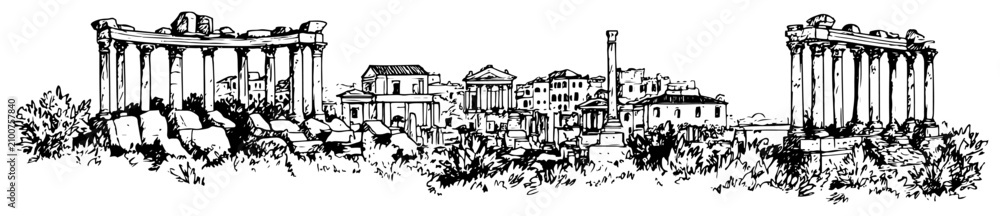 Obraz premium Ancient city ruins with temple columns and historic structures in sketch style