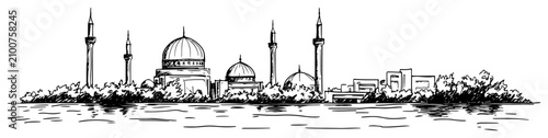 Cuadro en lienzo Mosque architecture with minarets on the water coast in line art sketch style