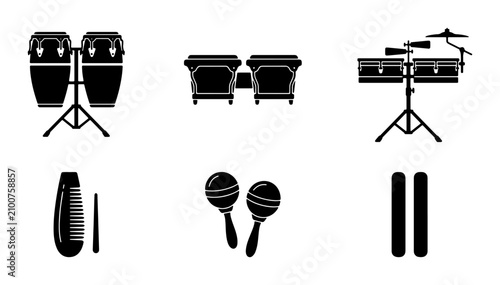 Bild auf Leinwand Percussion Instruments Vector Icons: Drums, Congas, Maracas, Claves