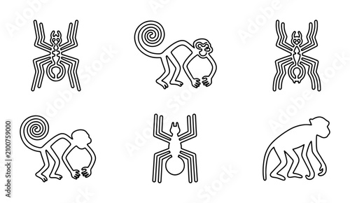Photography Ancient Inca Symbols: Monkey and Spider Vector Icons, Tribal Art